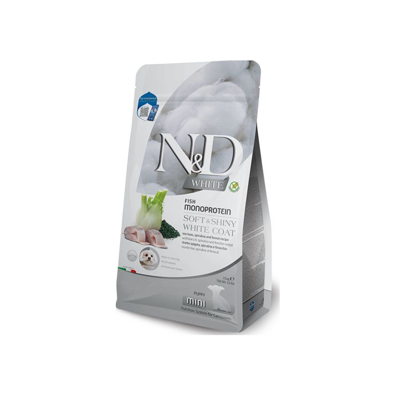 Farmina - Natural e Delicious White Dog Puppy Mini Spigola, Spirulina e Finocchio 1,5 Kg