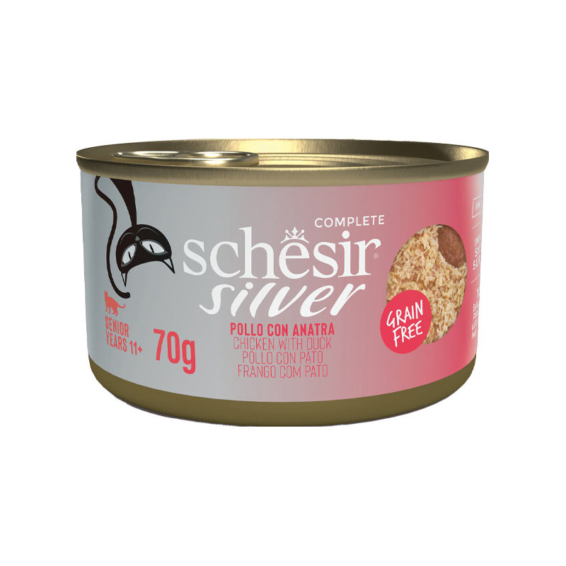 Schesir - Silver Senior Cat Pollo con Anatra Filetti e Mousse Doppia Texture in Brodo 70 g