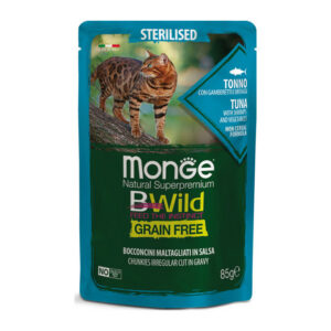 Monge - BWild Grain Free Bocconcini maltagliati in salsa di Tonno con Gamberetti e Ortaggi – Sterilised 85 g